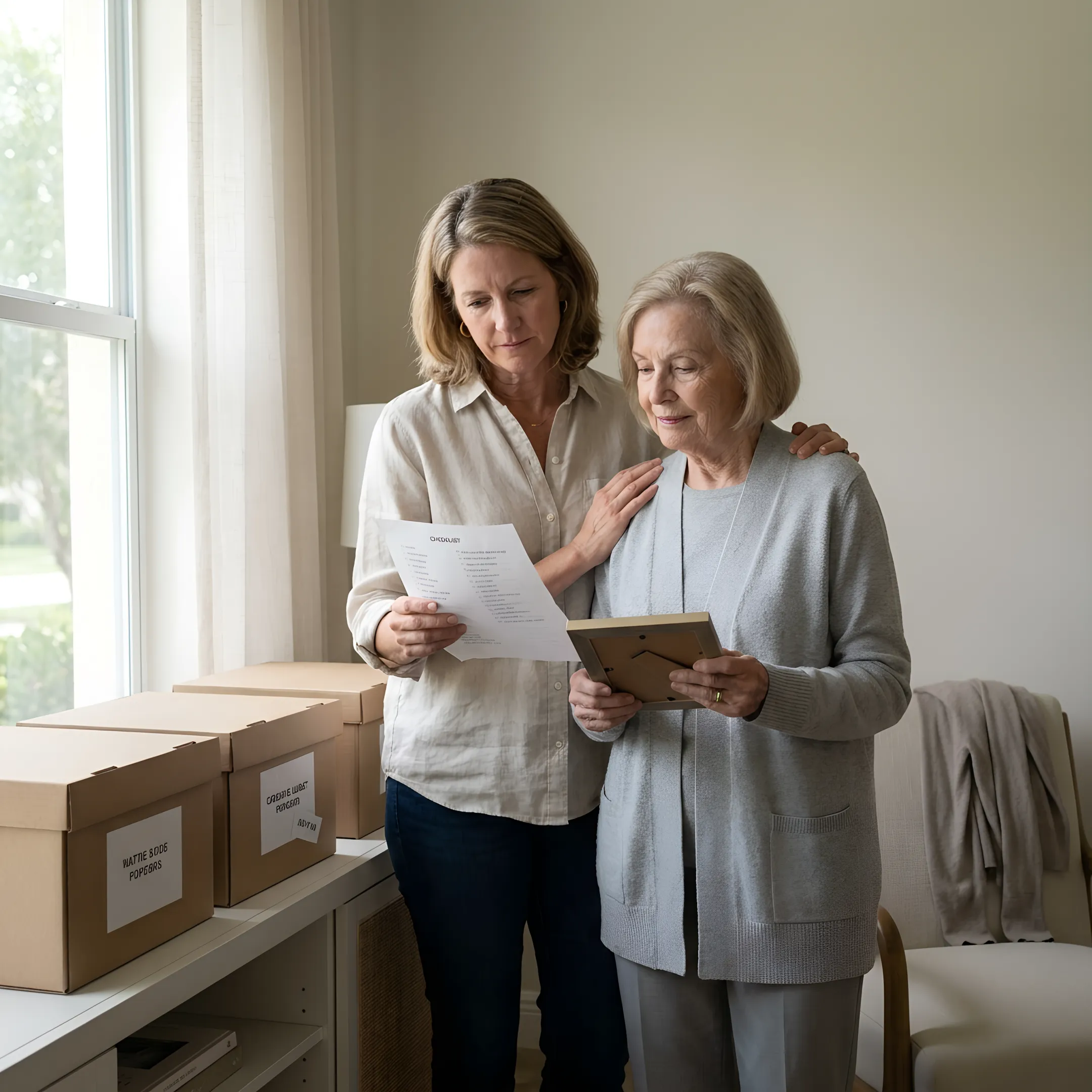 Senior and adult daughter preparing for a move