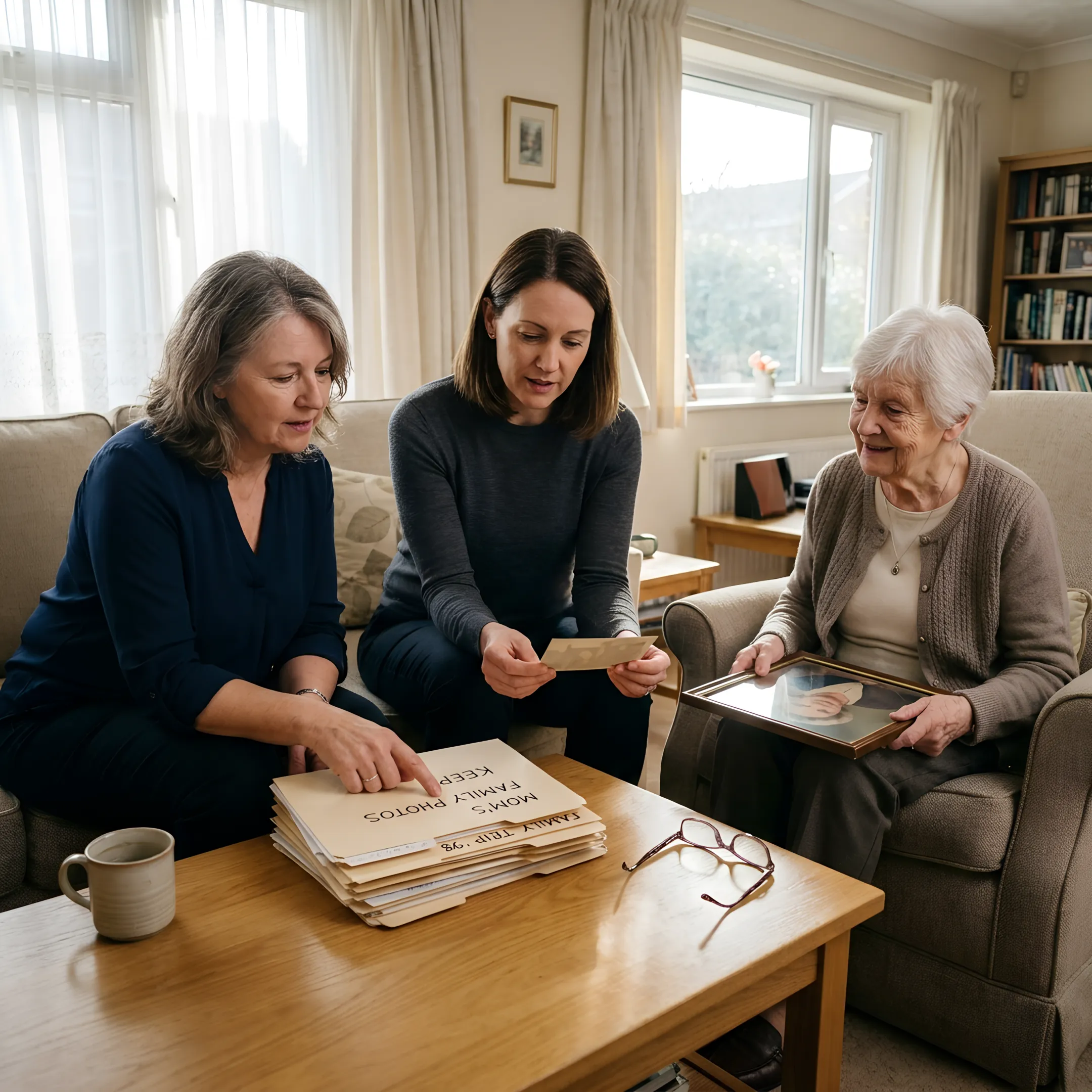 Family sorting belongings with a cleanout professional