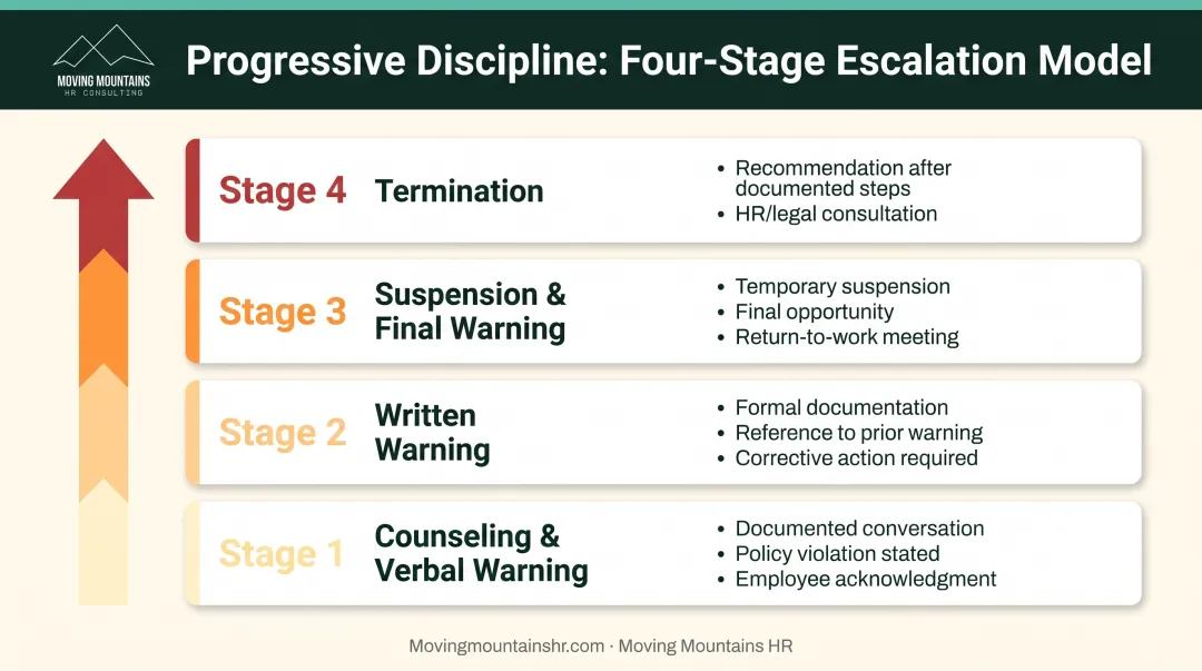 4-stage progressive discipline framework from verbal warning to termination