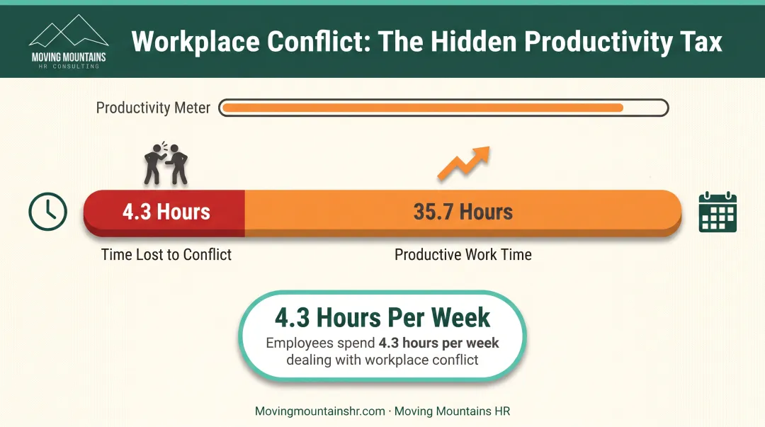 Workplace conflict productivity drain showing 4.3 hours per week lost to interpersonal issues