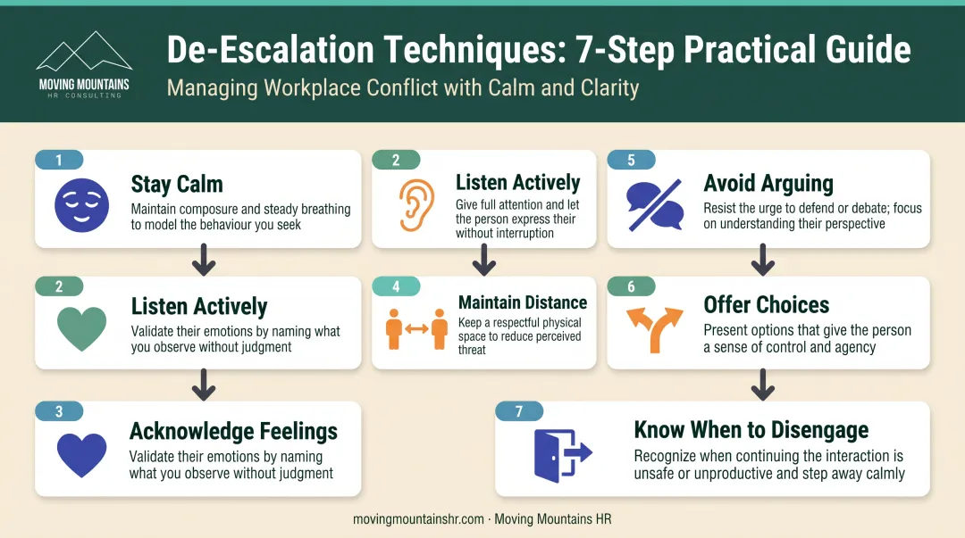 Seven-step de-escalation technique process for workplace violence prevention