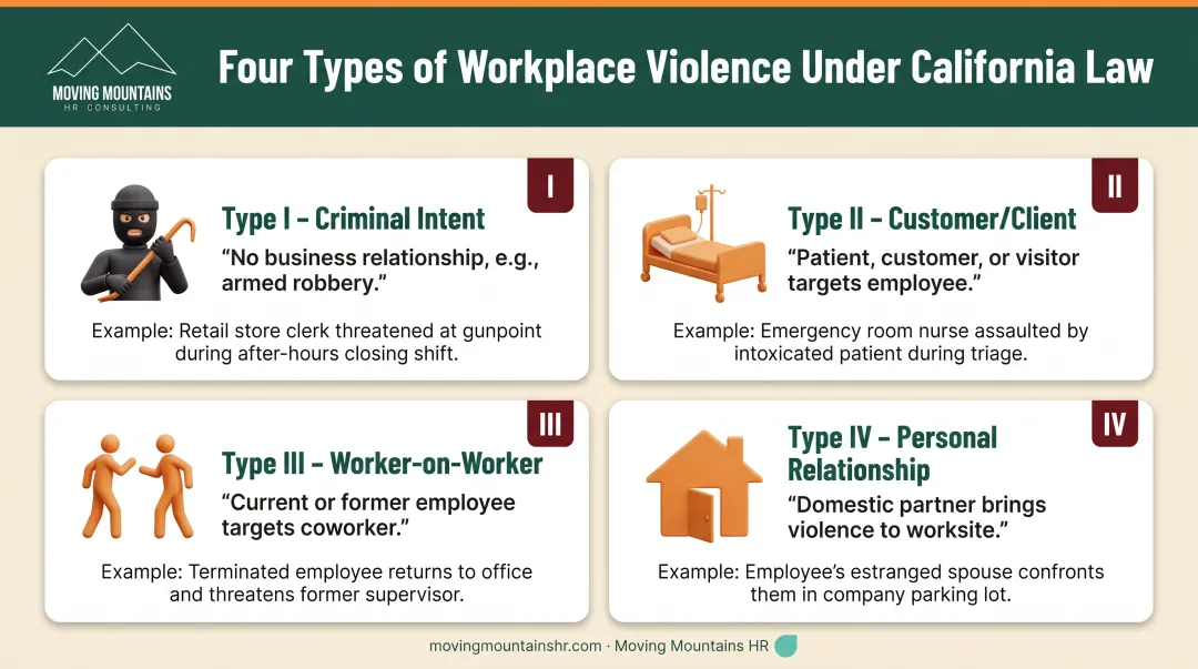 Four types of workplace violence in California with definitions and examples