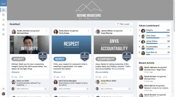 Employee recognition platform displaying core values-based peer acknowledgments and awards