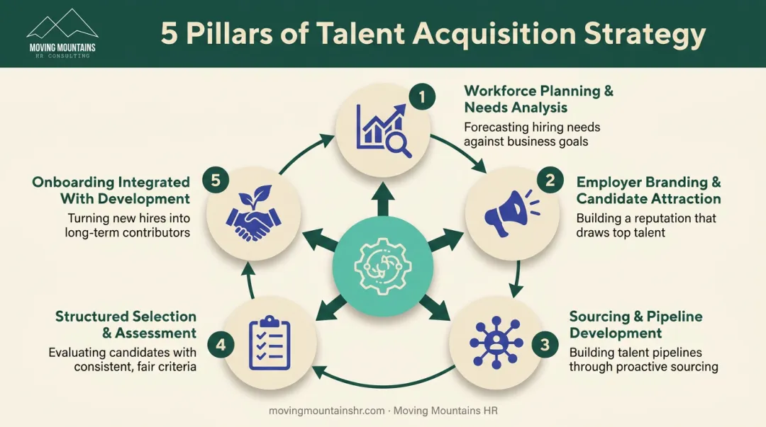 The five elements commonly used to describe a talent acquisition strategy