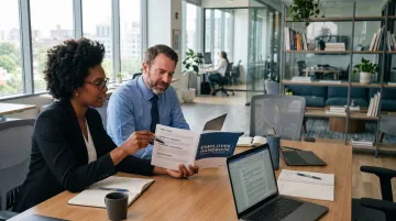 Small business owner reviewing employee handbook and HR policies with consultant in office meeting