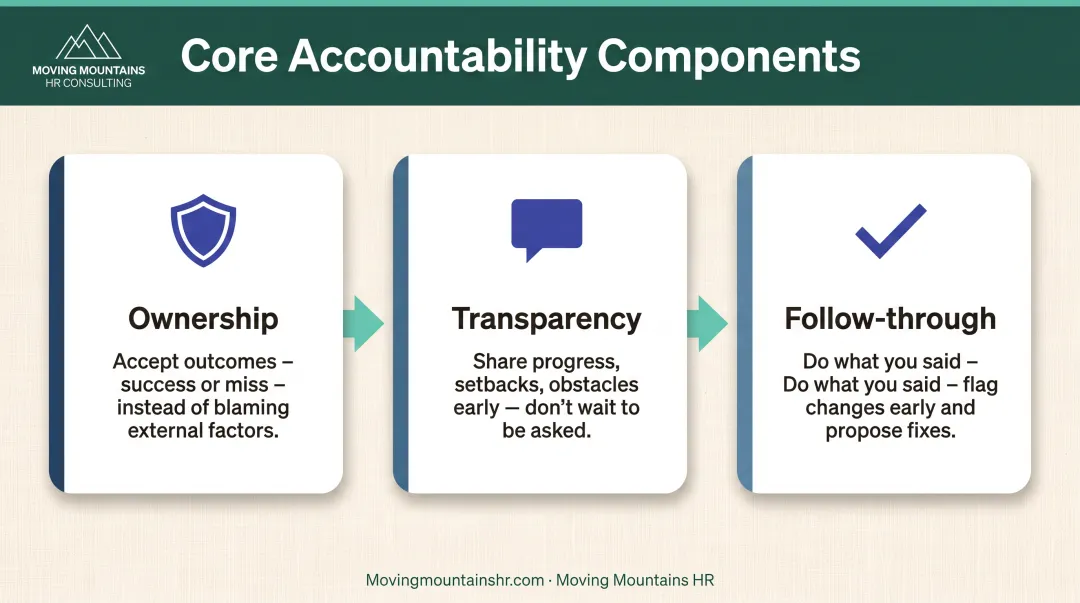 Three core components of accountability ownership transparency and follow-through visual breakdown