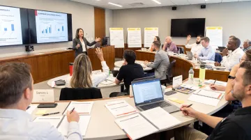 Corporate training workshop with employees engaged in structured learning session and instructor