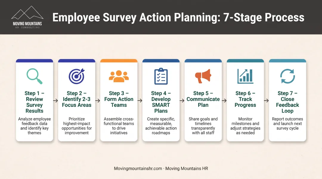 Seven-step employee engagement action planning process workflow from survey analysis to feedback loop