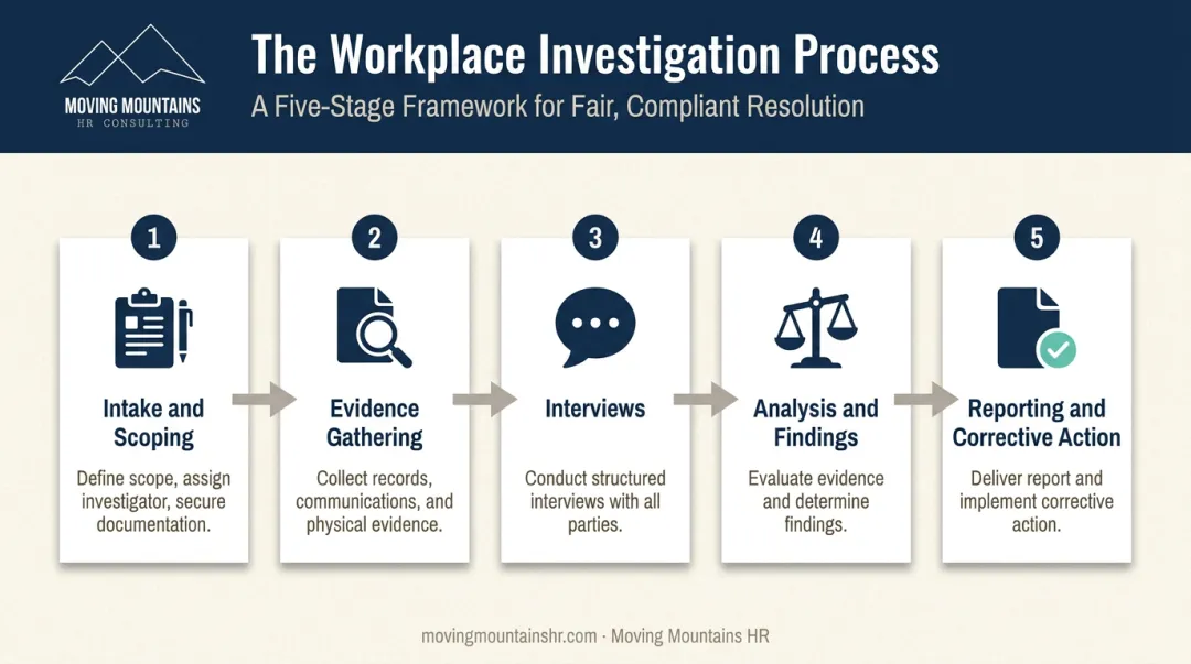 5-stage workplace investigation process from intake to corrective action