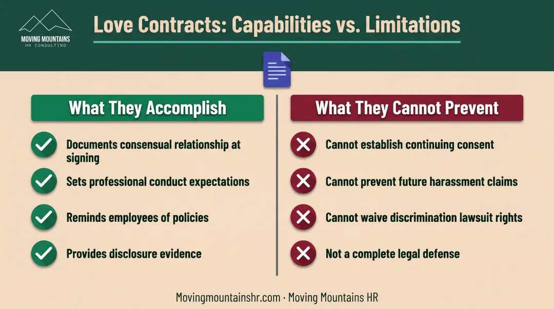 Love contract components and limitations side-by-side comparison showing what they accomplish versus cannot prevent