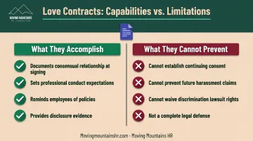Love contract components and limitations side-by-side comparison showing what they accomplish versus cannot prevent
