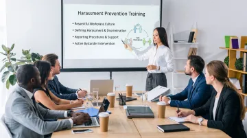 California harassment prevention training session with diverse employees and instructor reviewing workplace scenarios