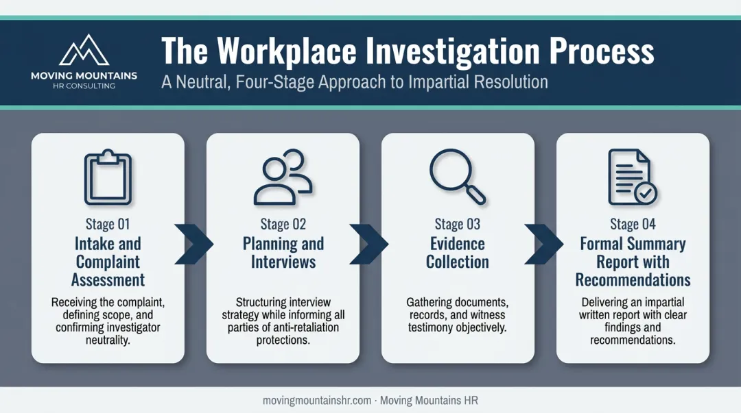 Four-step neutral workplace investigation process flow diagram