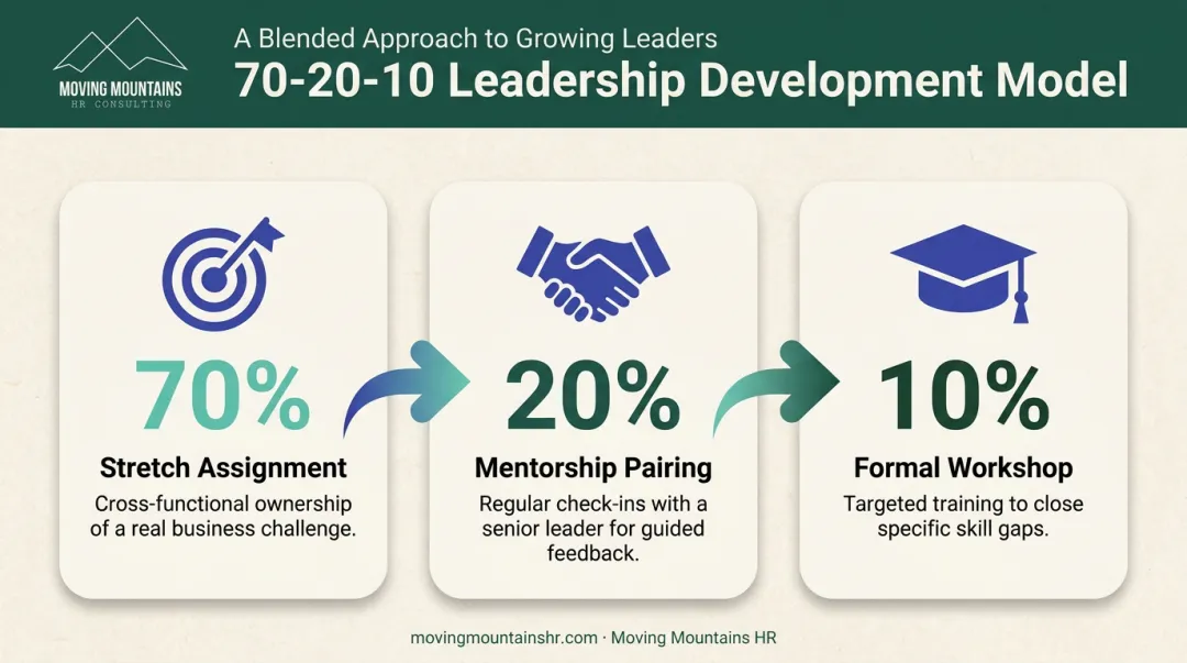 70-20-10 leadership development framework three-step blended learning process