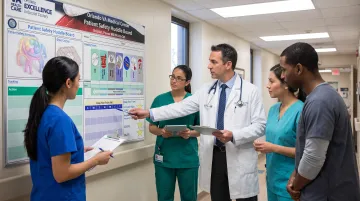 Healthcare team conducting daily safety huddle with visual status board in hospital unit