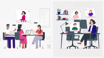 Modern hybrid workplace setup with employees working remotely and in office collaboration spaces