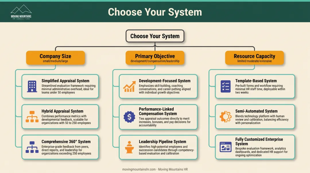 Appraisal system selection decision tree based on company size budget and objectives