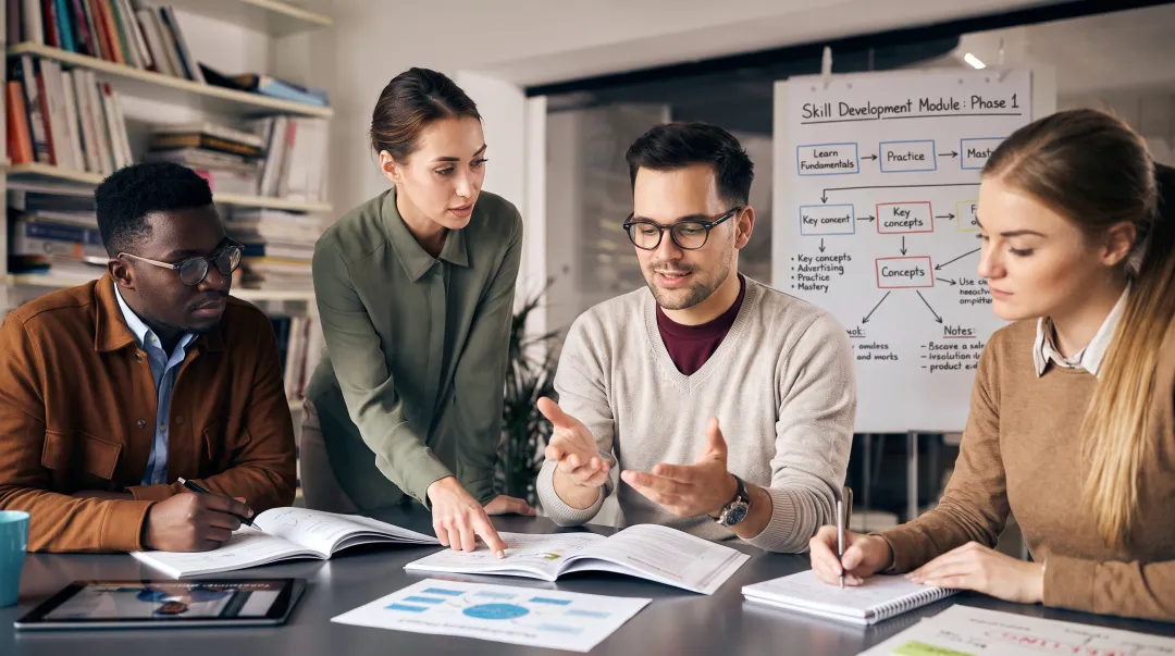 Diverse team collaborating on cross-training project in modern office workspace environment
