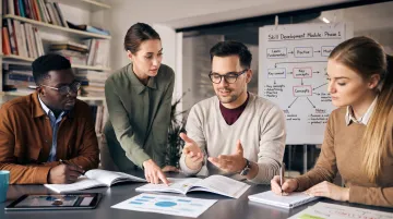 Diverse team collaborating on cross-training project in modern office workspace environment