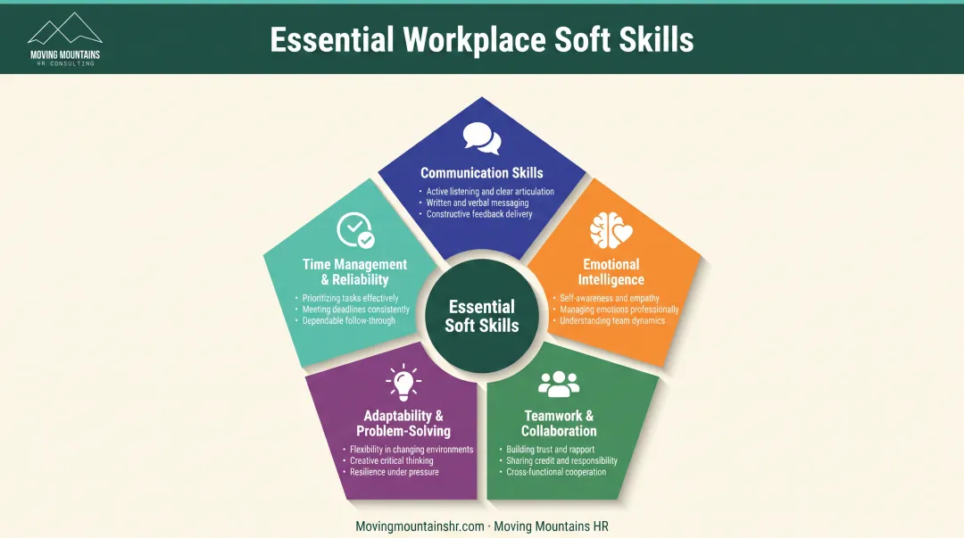 Five essential workplace soft skills breakdown with communication teamwork adaptability emotional intelligence and reliability