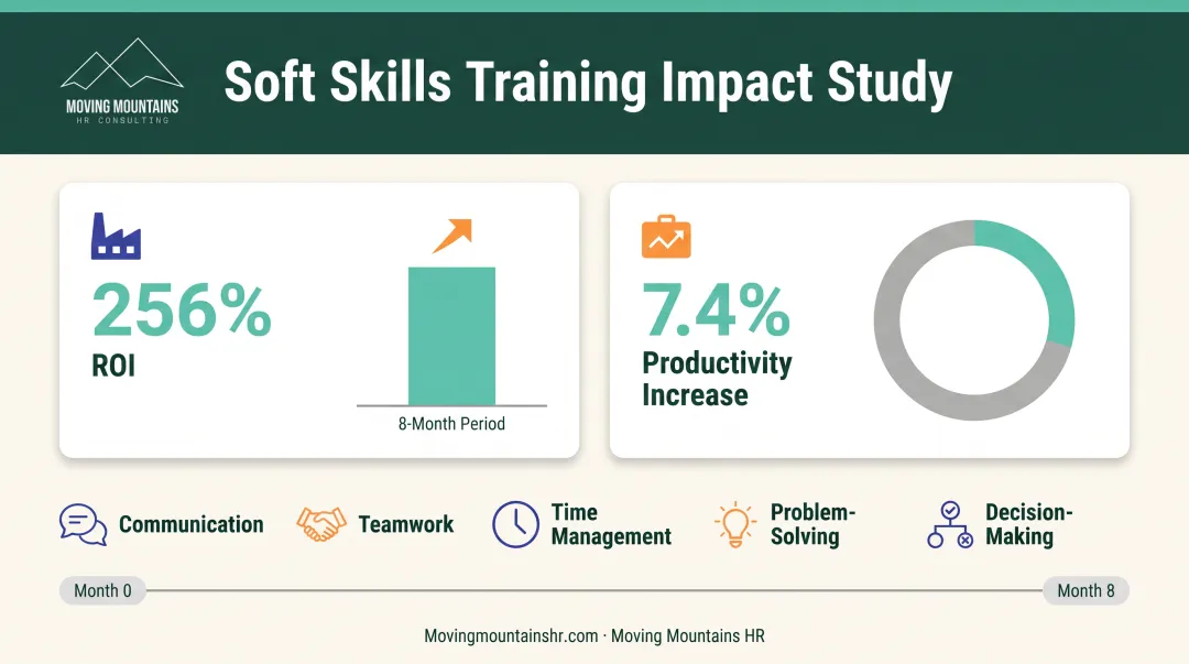 Soft skills training ROI showing 256% return and 7.4% productivity increase over 8 months