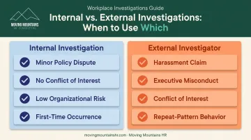 Internal HR investigator versus external third-party investigator situation comparison chart
