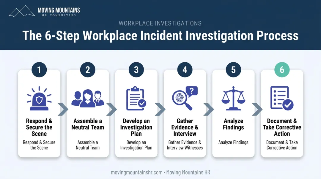 Six-step workplace incident investigation process flow from response to corrective action