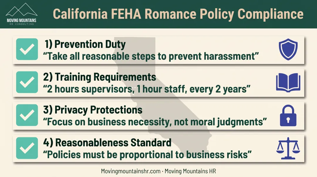 California FEHA workplace romance compliance requirements checklist with four key elements