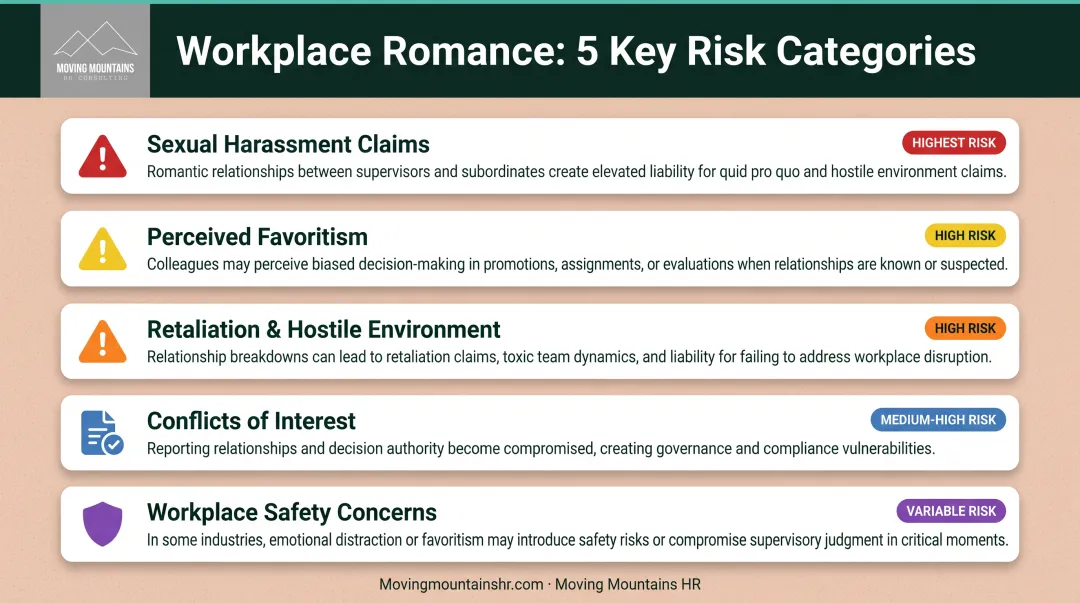 Five workplace romance risks breakdown from harassment to violence with impact ratings