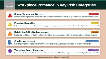 Five workplace romance risks breakdown from harassment to violence with impact ratings