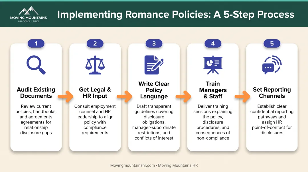 5-step workplace romance policy implementation process from audit to reporting channels