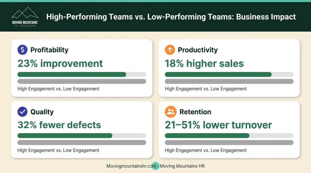 High-performing team business impact comparison showing profitability productivity quality and retention metrics