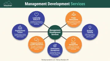 Seven core dimensions of management development services displayed as interconnected competency framework