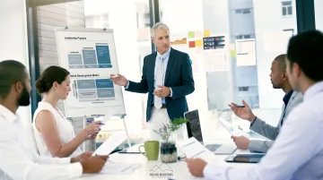 Professional business meeting showing HR consultant presenting management development strategy to company executives