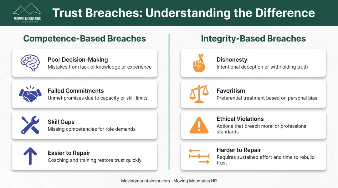 Competence versus integrity trust violations comparison showing differences in causes repair strategies and recovery timelines
