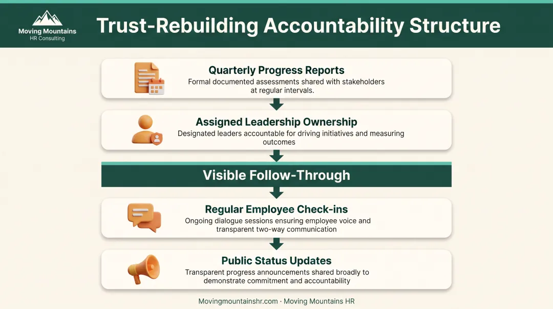 Trust rebuilding progress tracking system showing quarterly reporting accountability assignments and visible follow-through metrics