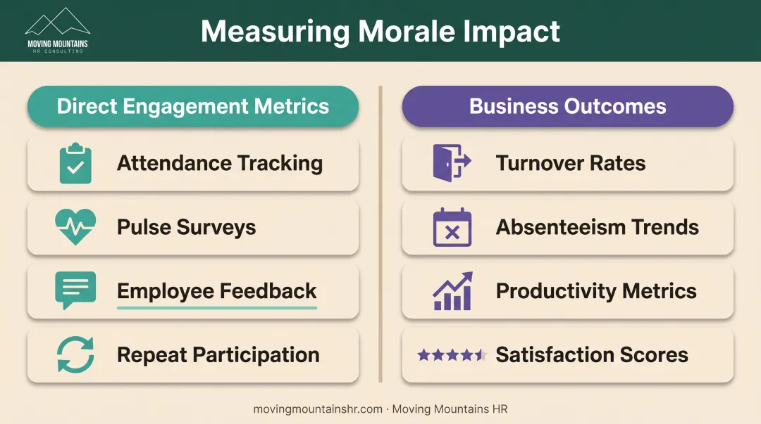 Employee morale measurement framework showing engagement metrics and business outcomes