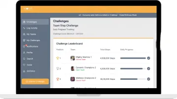Workplace wellness step challenge tracker showing team competition leaderboard and daily progress