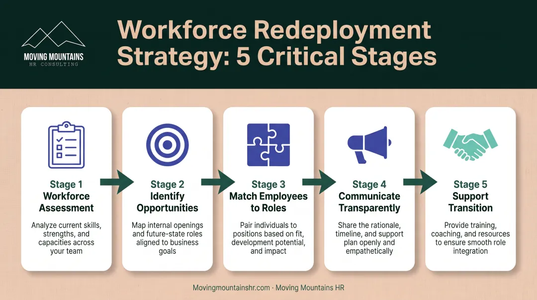 Five-stage workforce redeployment strategy process from assessment to transition support
