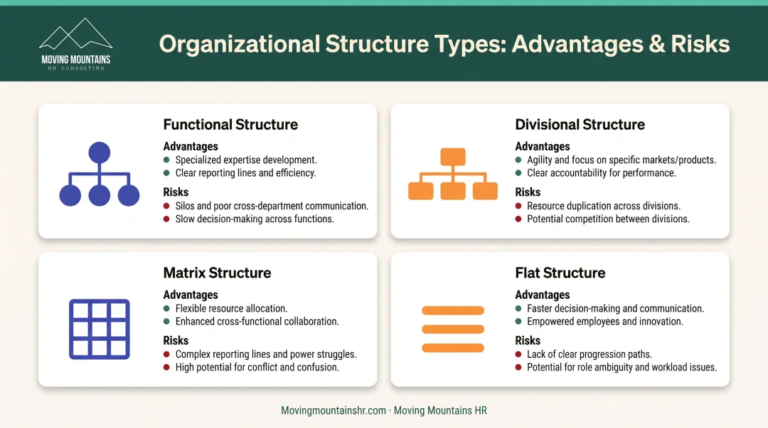 Four common organizational structure types comparison with advantages and risks