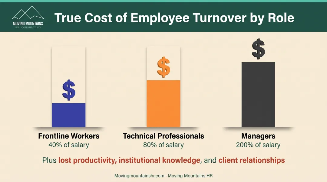 Employee turnover cost breakdown by role showing replacement expenses as percentage of salary