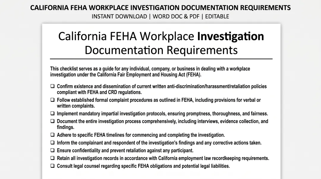 California FEHA workplace harassment investigation documentation and compliance requirements checklist
