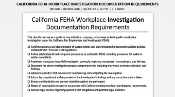 California FEHA workplace harassment investigation documentation and compliance requirements checklist