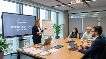 Internal subject matter expert conducting train-the-trainer session with facilitator materials and presentation equipment