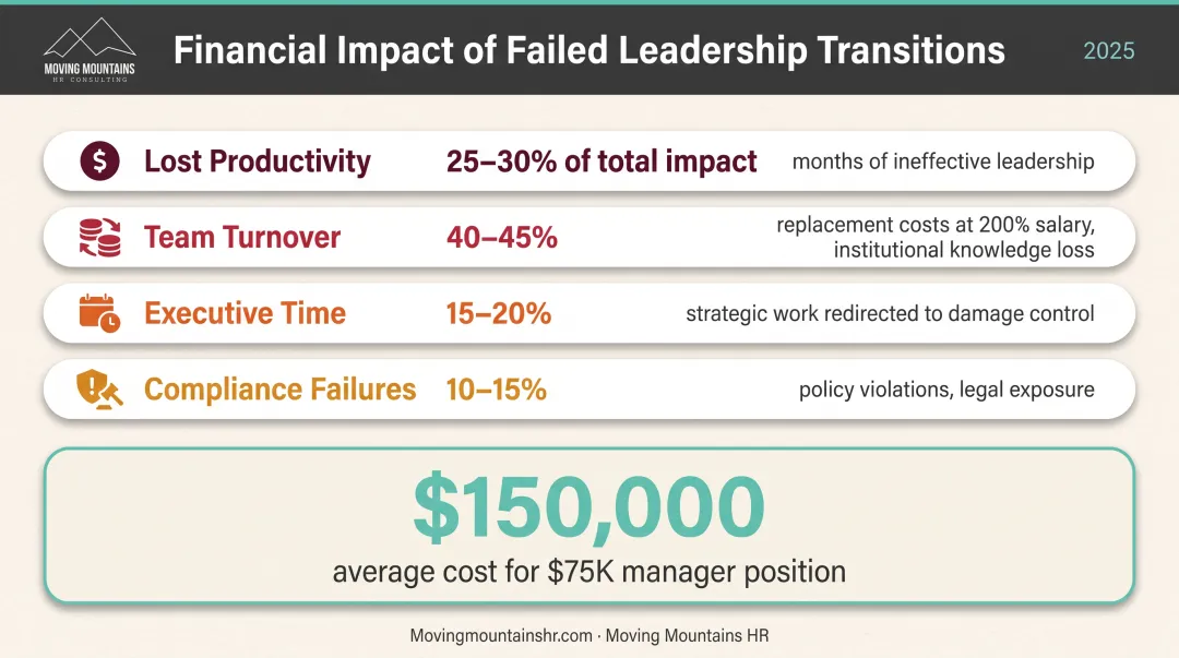Financial impact breakdown of poor leadership transitions showing productivity loss turnover costs and compliance risks