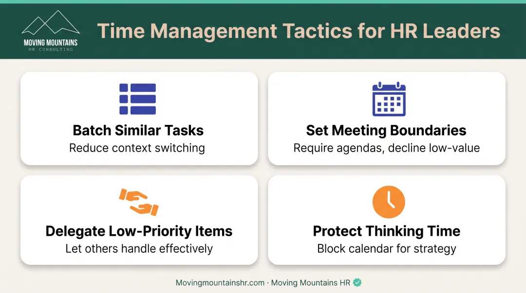 Four time management tactics for managers including task batching meeting boundaries and delegation