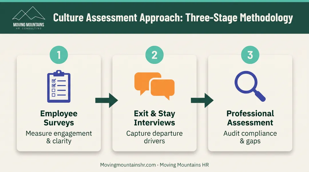 Three-step culture assessment process from employee surveys to exit interviews to professional audits
