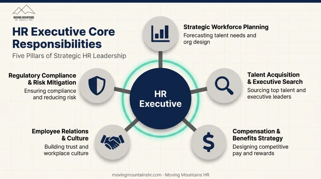 Five core HR executive responsibility areas from planning to compliance