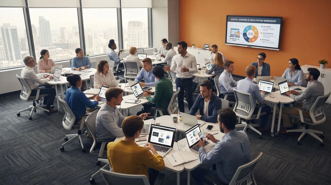 Corporate training session showing employees engaged in blended learning with laptops and facilitator