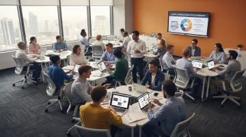 Corporate training session showing employees engaged in blended learning with laptops and facilitator